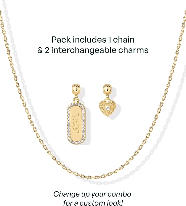 PAVOI 14K Gold Plated Dainty Necklace with Charms Set - Hypoallergenic Adjustable Chain Gold Charm Necklace for Women - Small Motif & Mantra 2 and 3-Pack Removable Pendants - Cute Jewelry Gifts