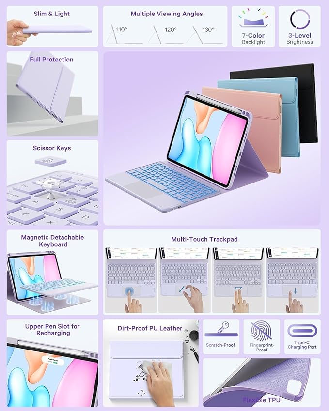 GreenLaw Keyboard Case for iPad Air 11-inch (M3 2025 / M2 2024) & Air 4th/5th Gen & iPad Pro 11 inch (1st/2nd/3rd/4th Gen), Smart Touchpad, 7-Color Backlit, Stain Resistant Cover, Light Purple