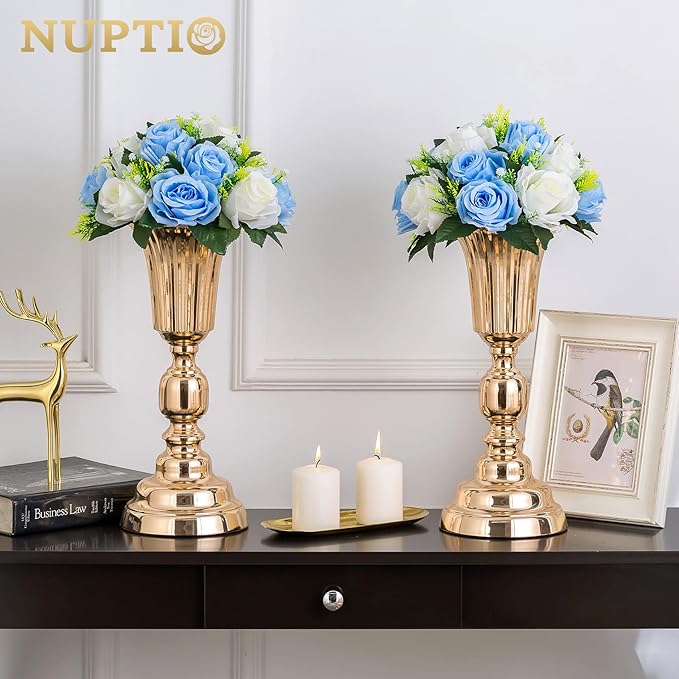 NUPTIO Pcs of 2 Fake Flower Ball Arrangement Bouquet,15 Heads Plastic Roses with Base, Suitable for Our Store's Wedding Centerpiece Flower Rack for Parties Valentine's Day Home Décor (Blue & White)