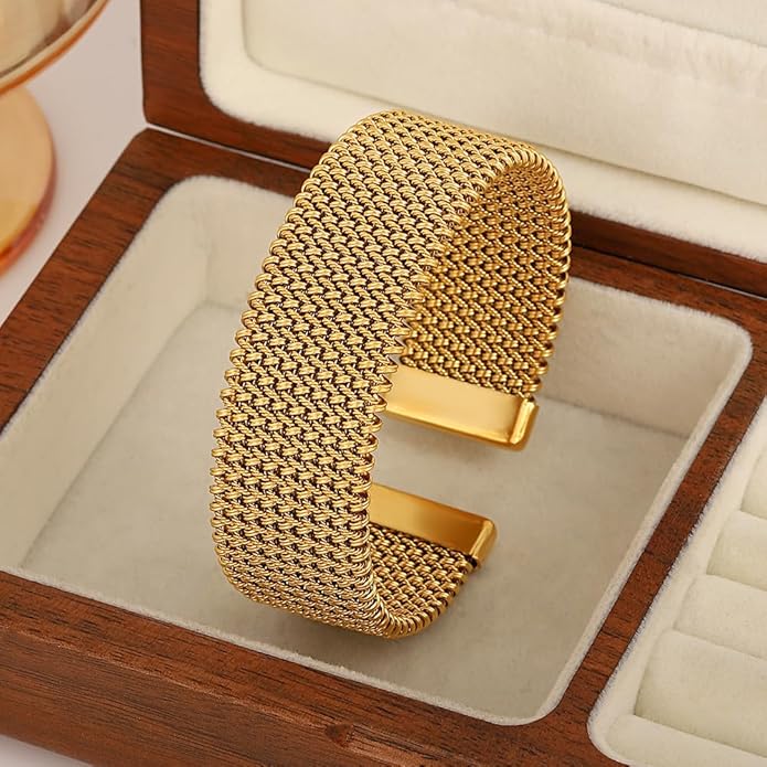 hotoo Gold Open Cuff Bangles Wide Woven Bracelets For Women Stainless Steel Stackable Jewelry For Xmas Birthday Gifts