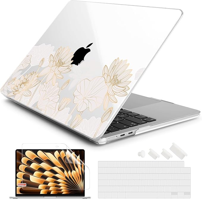 Batianda Premium Case for New MacBook Air 15 inch 2025 M4 2024 2023 with M3 M2 Chip Model A3241/A3114/A2941, Designed Protective Plastic Hardshell & Keyboard Cover & Screen Protector, Gold Lotus