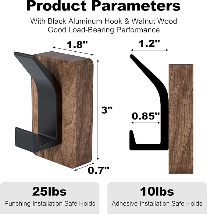 4 PCS Black Walnut Wood Wall Hooks Adhesive Mounted & Wall Mounted Rustic Decorative Entryway Hooks Mid Century Modern Natural Wooden Pegs for Hanging Coat Clothes Hat Bag Purse and Towel