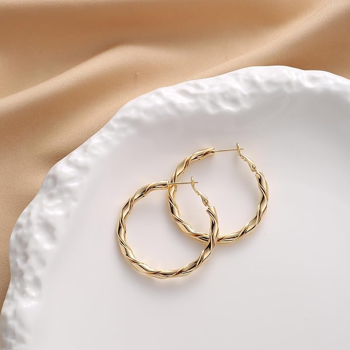 14k Gold Plated Hoop Earrings for Women, 925 Sterling Silver Posts Thick Twist Hypoallergenic Chunky Large Earrings 20mm 30mm 40mm 50mm