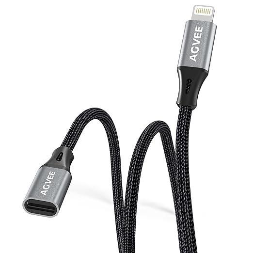 AGVEE 2 Pack 1ft Lightning Extension Cable, Braided Female to Male Extender Full Function Cord Compatible with iPhone iPad, Data Sync Video Audio & Charging Connector Adapter, Dark Gray