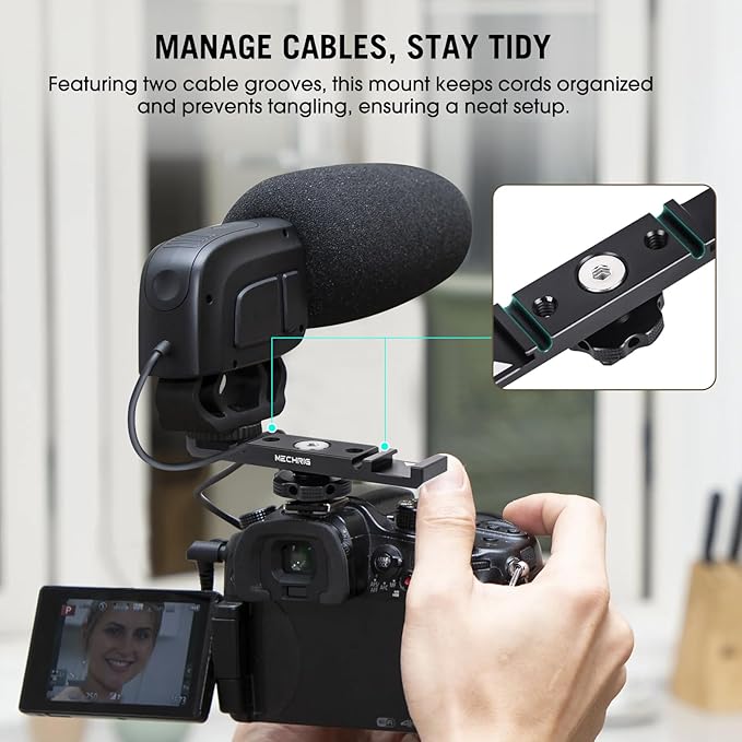 Dual Cold Shoe Extension Bar Mount, Aluminum Dual Hot Shoe Mount Bracket with 1/4" Thread & Cable Slot, Cold Shoe Bracket for DSLR Camera LED Video Light Microphone Monitor (62034)