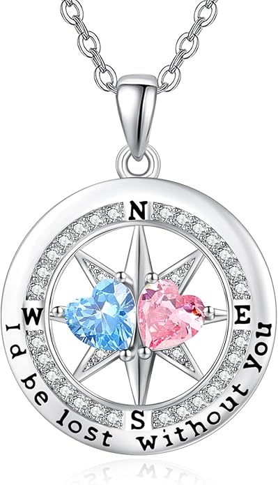 Compass Necklace for Women, Exquisite S925 Valentines Day Anniversary Birthday Gifts for Wife Her Double Birthstone Pendant Jewelry ‘I'd be Lost Without You’