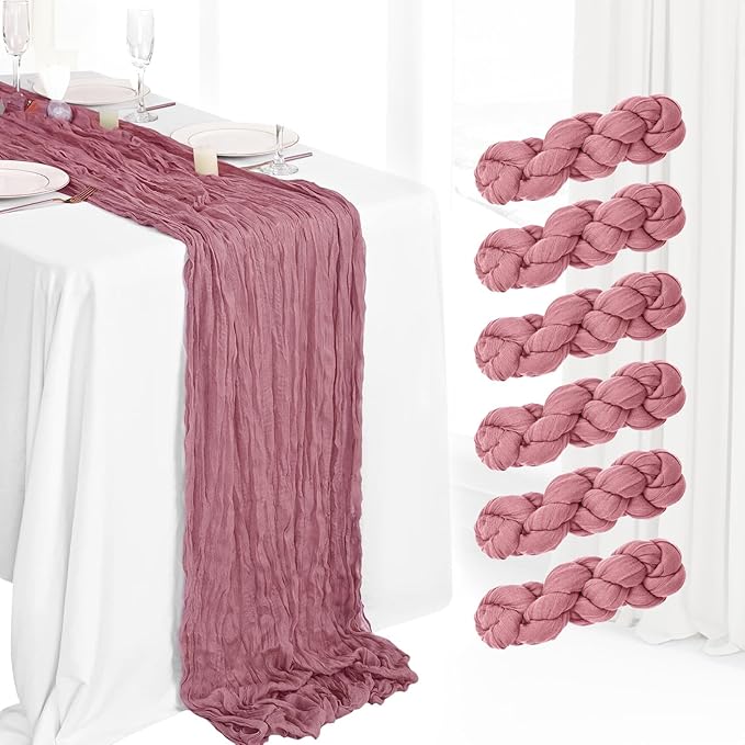 6 Pack Cheesecloth Table Runner 10Ft Boho Gauze Table Runner Cheese Cloth Long Rustic Sheer Table Runner for Wedding Bridal Baby Shower Birthday Party Cake Table Arbor Decorations (Dusty Rose)