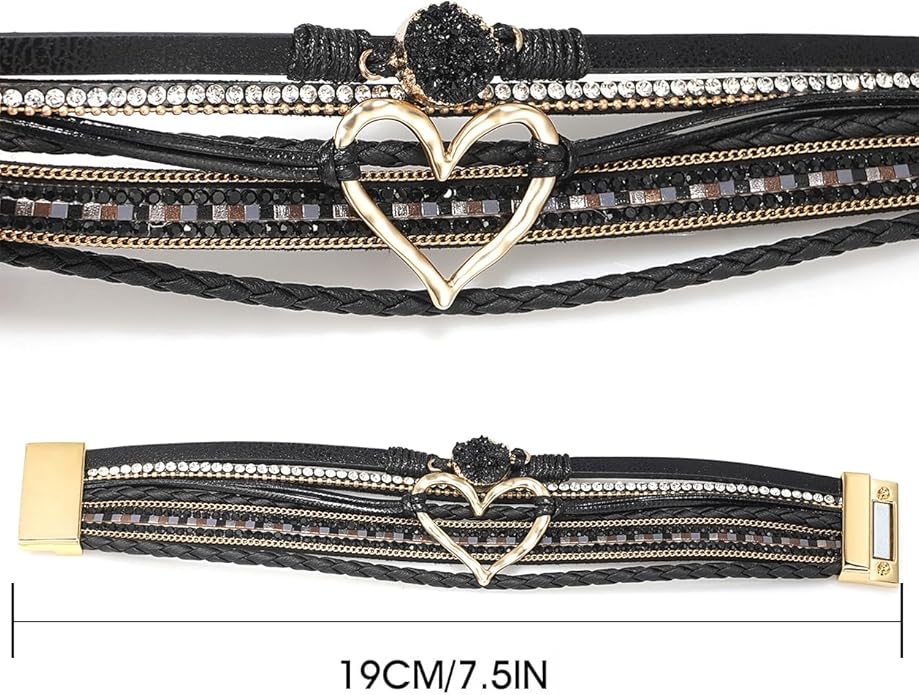 Suyi Multilayer Leather Wrap Bracelet Heart-Shape Wide Cuff Bracelets for Women