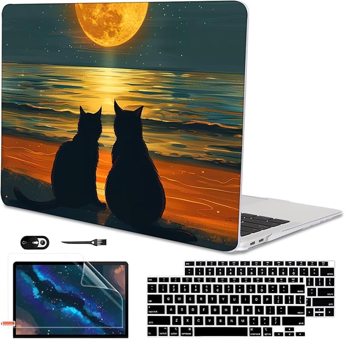 Compatible with MacBook Air 13 inch Case M1 A2337 A2179 A1932 2021 2020 2019 2018 Release with Retina Display & Touch ID, Printed Pattern Plastic Hard Shell Case Cover, Cat Watching Moon