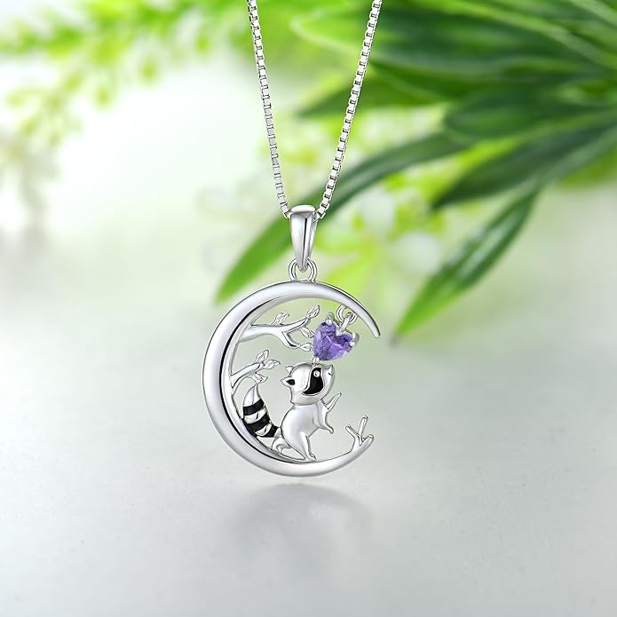 STARCHENIE Raccoon Necklace 925 Sterling Silver Heart Birthstone Pendant Cute Animal Jewelry for Women