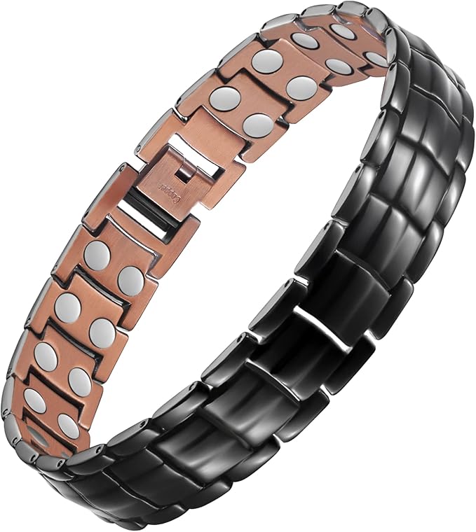 Feraco Men's Copper Magnetic Bracelet Elegant 99.99% Solid Copper Bracelets with Double-Row Strong Magnets, Magnetic Field Therapy Jewelry (Black)