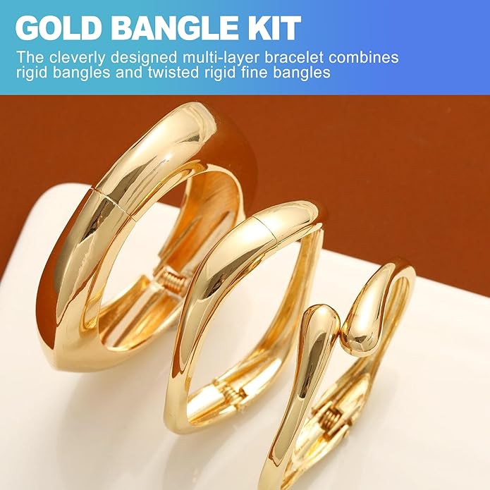 CoguZed 3-Piece 14K Gold Plated Chunky Bracelet Set - Stackable Cuff Bangles, Trendy Statement Jewelry for Women