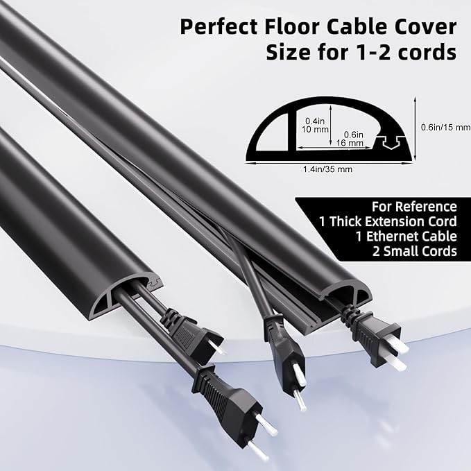 4ft Floor Cord Cover, Silicone Wire Hider, Hide Extension Cords, Protect Cords, Prevent Cable Trips, Heavy-Duty Adhesive-Backed Anti-Trip Cable Protector for Floor, Desk & Wall