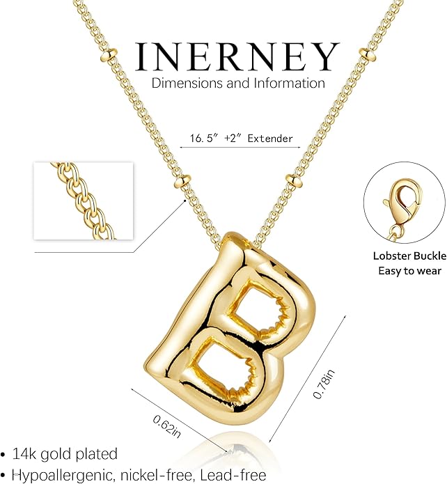 Inerney Valentines Day Gifts Gold Bubble Letter Necklace Initial Necklaces for Women, Chunky 14K Plated Balloon Initials, Trendy Charm Non Tarnish Custom Name Pendant Jewelry Gifts for Mom
