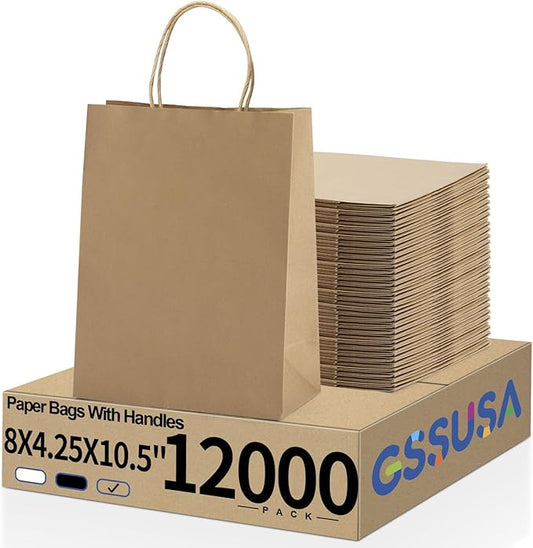 GSSUSA 12000 Pack 8x4.25x10 Inch Paper Bags with Handles Bulk, Brown Paper Gift Bags for Small Business, Heavy Duty Bulk, for Birthday Party Favors, Shopping, Retail