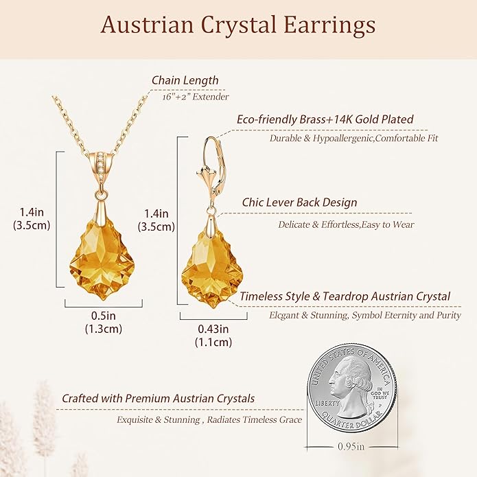 EVEVIC Austrian Crystals Baroque Pendant Necklace Earrings for Women 14K Gold Plated Hypoallergenic Leverback Drop Dangle Earrings Jewelry Set
