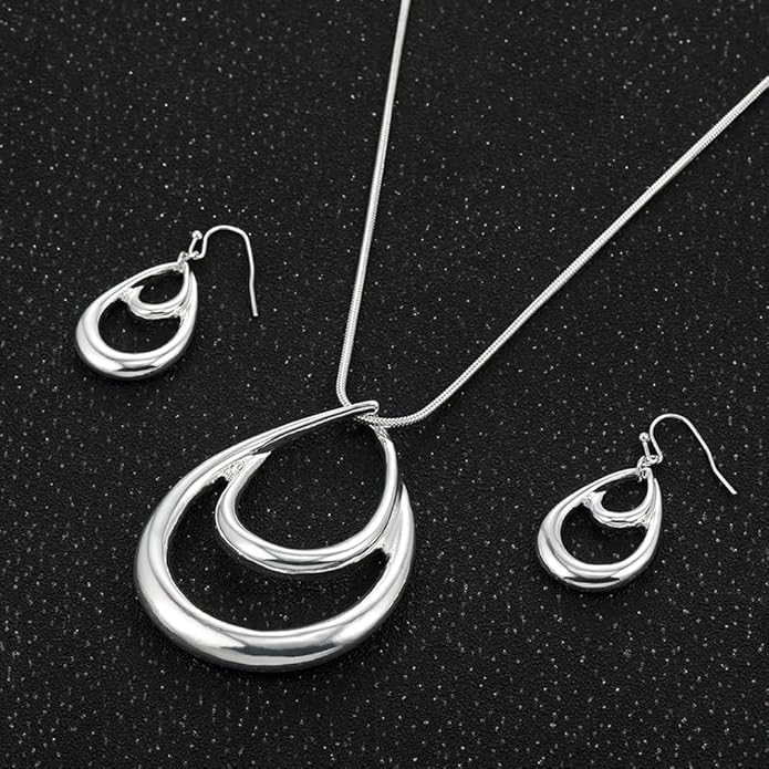 Madison Tyler Gold Plated Jewelry Set for Women | Silver Teardrop Pendant Necklace Trendy | Long Necklace with Snake Chain | Fashion Dangle Earring Set