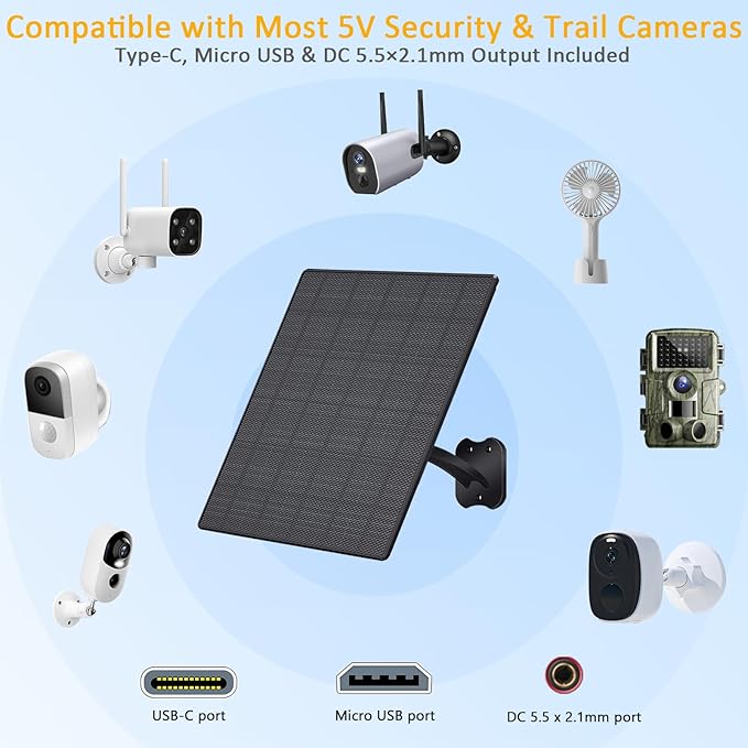 Zivif 10W Solar Panel for Security Cameras, 5V Solar Charger with USB-C/Micro USB/DC 5.5x2.1mm Ports, IP66 Waterproof, Adjustable Mount & 7.2FT Cable