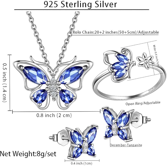 925 Sterling Silver Birthstone Butterfly Jewelry Women Crystal Animal Cute Butterflies Birthday Necklace/Earring/Ring/Bracelet Sets Birth Stone Statement Anniversary Jewellery