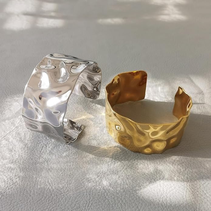 3PCS Gold Chunky Cuff Bracelets for Women Irregular Minimalist Statement Bangle Bracelets Set Open Wide Bangle Arm Cuff Upper Arm Punk Jewelry