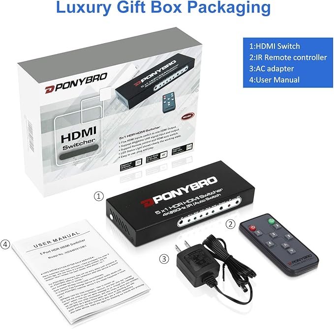 HDMI 2.0 Switch 5 Port 4K@60Hz Auto-Switching – 5 in 1 Out with Remote, HDR10, 3D, Ultra HD for PS5/Xbox/PC/Fire TV, Zero Delay