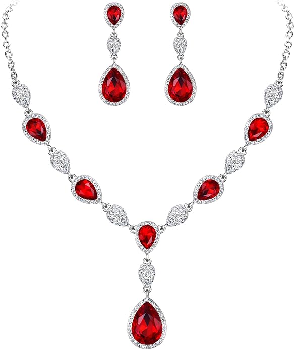 EleQueen Women's Cubic Zirconia Teardrop Y-Necklaces Dangle Earrings Jewelry Sets for Brides Bridesmaids