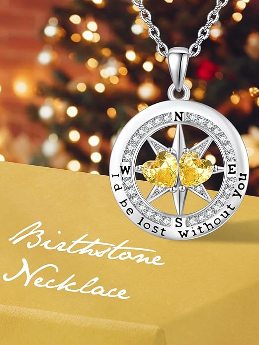 Compass Necklace for Women, Exquisite S925 Valentines Day Anniversary Birthday Gifts for Wife Her Double Birthstone Pendant Jewelry ‘I'd be Lost Without You’