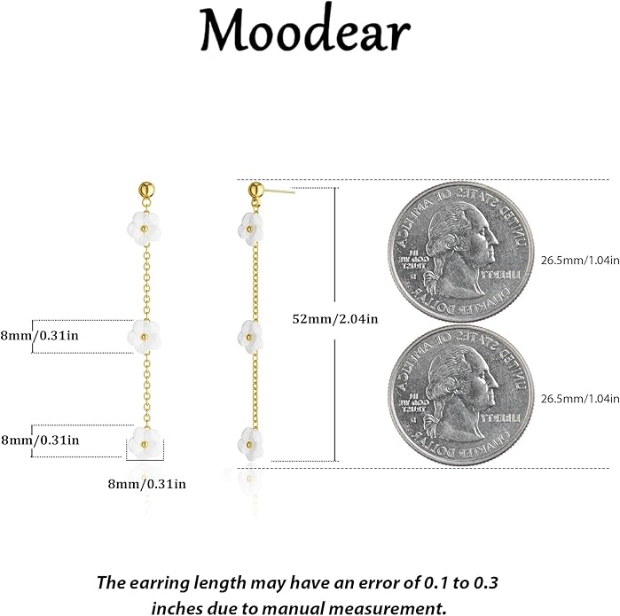 Moodear Gold Dangle Earrings for Women Trendy Dainty 14K Gold Plated Pearl Flower Dangle Drop Stud Chain Earrings Hypoallergenic Long Dangle Earrings for Women Wedding Jewelry Gifts