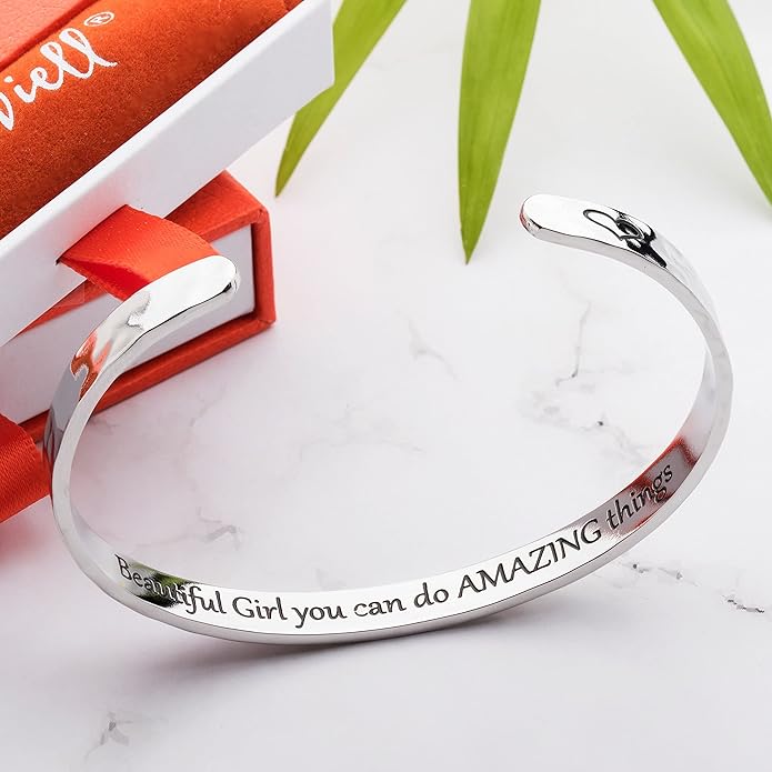 Carviell Engraved Cuff Bracelets for Women – Inspirational, Friendship, Love, Mom, Daughter, Sister, Christian, Graduation, Memorial & Wedding Gifts – 80+ Phrases – Stainless Steel, Gift-Ready