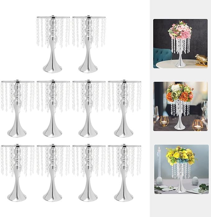 10 Pcs Crystal Flower Wedding Centerpieces Stand,Elegant Metal Flower Vase Candelabra Candle Holder,Flower Vase Stand Pillar Candle Holder for Party Wedding Reception