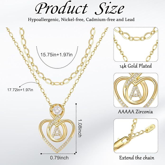 Heart Letter Necklaces for Women 14K Gold Plated Cubic Zirconia Heart Initial Layered Necklace Infinity Pendant Necklace Letter Initial Jewelry for Women