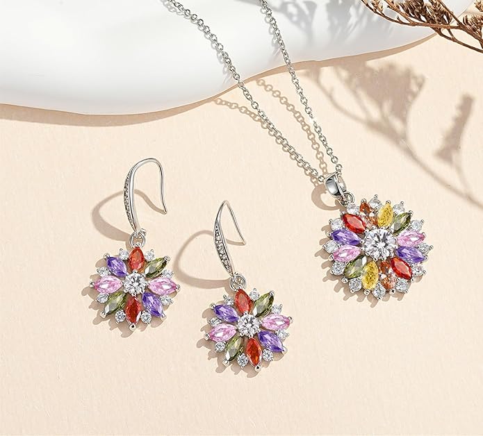 VONSSY Colorful Snowflake Pendant Necklace Earrings Rose Gold 5A Cubic Zirconia | Crystal Sweater Chain | Multi Gemstone Garnet Amethyst Morganite Peridot Prom Rhinestone Necklaces for Women Vintage Stylish Gift
