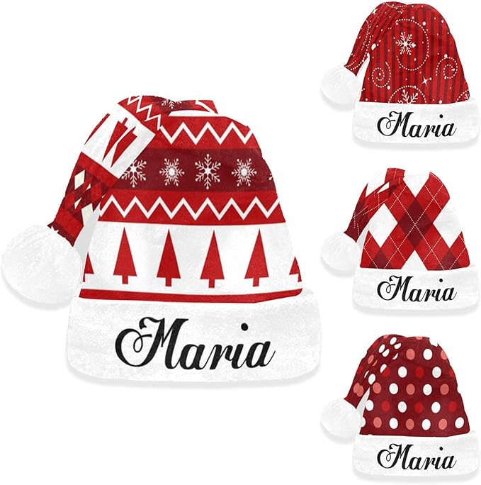 Personalized Funny Christmas Hat for Adults Kids Family, Red Patterned Custom Name Santa Hat, Xmas New Year Holiday Party Gift Festive Supplies Decorations
