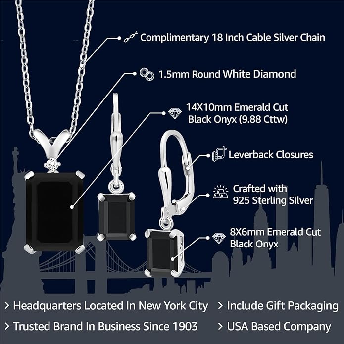 Gem Stone King 9-13 Cttw Pendant and Earrings Jewelry Set For Women | Emerald Cut 14X10MM and 8X6MM | Round 1.5MM | Gemstone Birthstone and Diamond | 925 Sterling Silver | 18 Inch Silver Chain