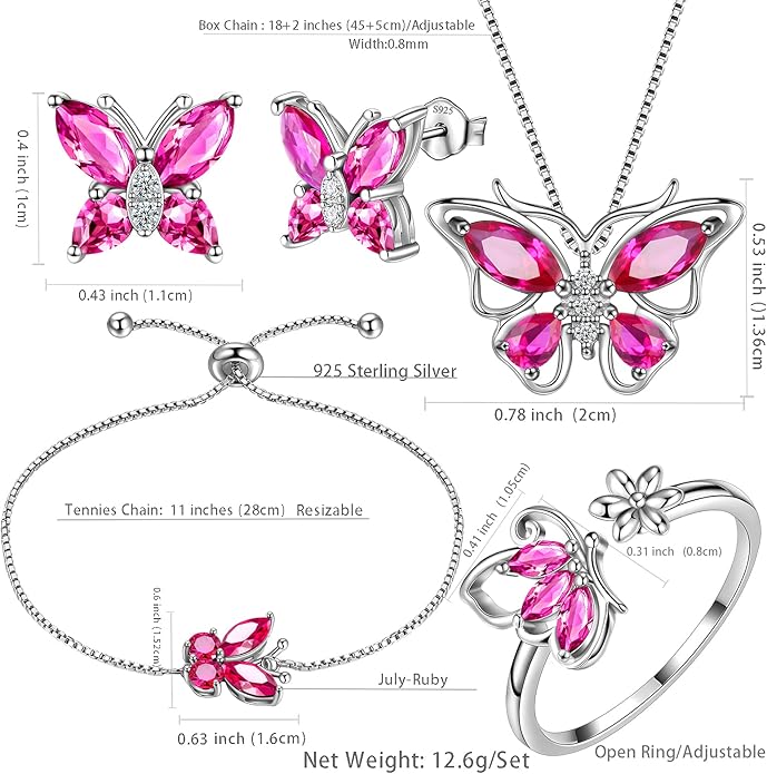 Aurora Tears Butterfly Jewelry,Women 925 Sterling Silver Butterflies Birthstone Pendant Necklace/Earrings/Rings Wedding Gift