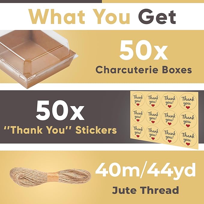 50 Pack Small Charcuterie Boxes with Clear Lids - To Go Paper Mini Charcuterie Box, Disposable Food Containers, 5Inch Dessert Boxes - Sandwich, Cookie, Sushi, Cake Slice, Strawberries (Brown)
