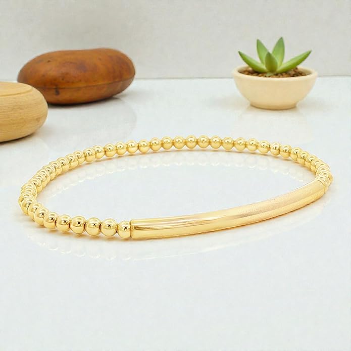 Anela 14kt Gold Filled Beaded Stretch Bracelet with Tube Pendant, Tarnish Free Water Resistant Stacking Jewelry for Women