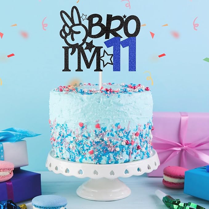 Bro I'm 11 Cake Topper, 11th Birthday Decorations for Boy, Glitter Funny 11th Birthday Cake Topper, Big Brother 11 Year Old Birthday Party Decoration Supplies