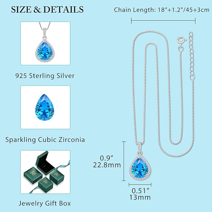 FJ Teardrop Pendant Necklace 925 Sterling Silver Birthstone Jewelry Gifts for Women
