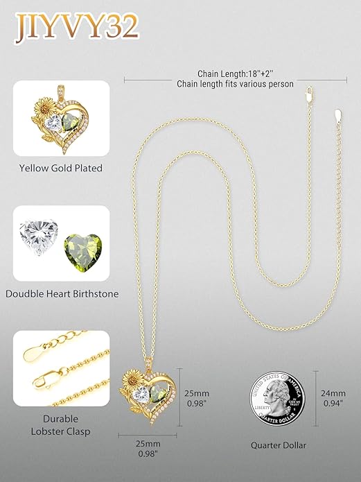 Sunflower Heart Necklace for Women 14K Gold Exquisite Valentines Day Anniversary Birthday Gifts for Wife Mother Her Double Birthstone Pendant Jewelry‘You Are My Sunshine’