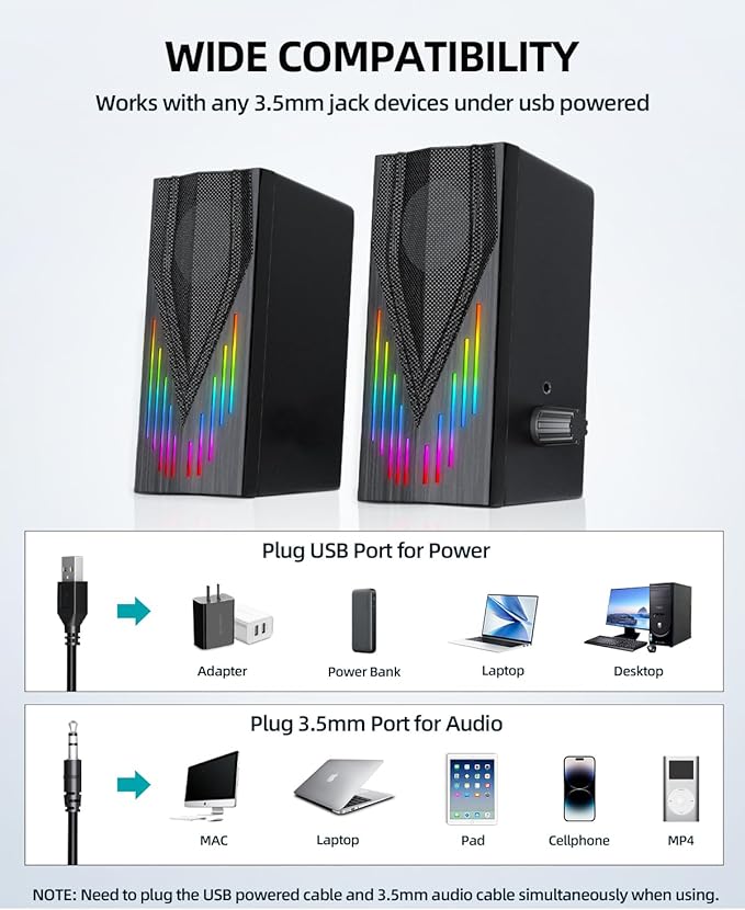 Computer Speakers with 6 Colorful RGB Lights,USB Powered 3.5mm Aux with Loud Stereo Sound,Headphone-in for Desktop,PC/Laptop/Tablet Phone