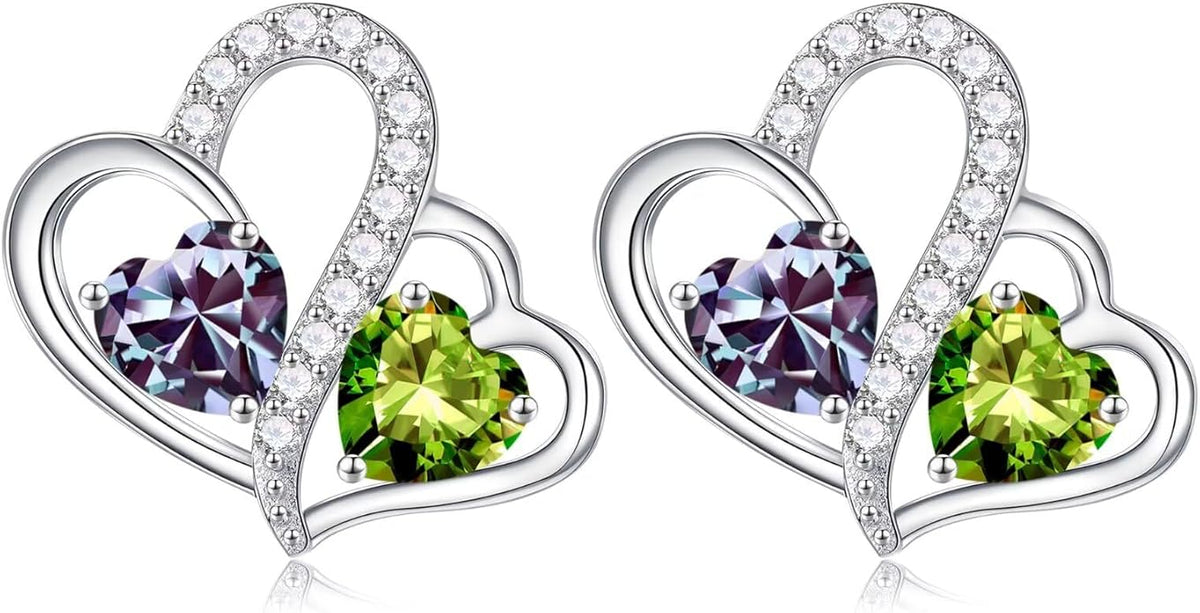 Iefil Valentines Day Gifts for Her - Birthstone Earrings Gift for Women, 925 Sterling Silver Double Heart Birthstone Earrings | Anniversary Birthday Gifts for Women, Personalized Jewelry for Wife Mom
