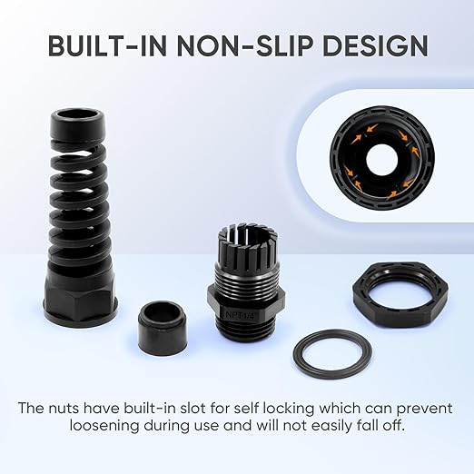 Strain Relief Cord Connector,LISTENJIALE 2Pcs NPT 1/4" Waterproof Cable Gland Flex Spiral Strain Relief Adjustable 4-8mm Cable Connector Nylon Joint with Gaskets(Black)