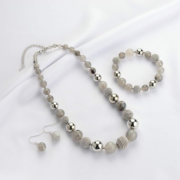 PEARL&CLUB Beaded Chunky Statement Necklace Earring and Bracelet Set Silver Metal Bead Fashion Jewelry Set Mothers’ Day Gifts for Women