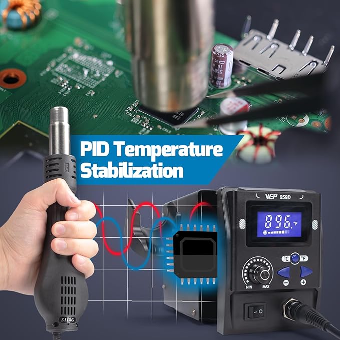 WEP 959D Hot Air SMD Soldering Rework Station with Quick-Change Nozzle System, Nozzle Holder, 5 Additional Nozzles, Adjustable Temperature, °C/°F Conversion and Buzzer Prompt