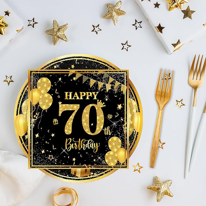 70th 7 inch Birthday Party Paper Plates and Napkins Forks 60 pcs Black Gold Birthday Decorations for Boys Girls Tableware Set for Anniversary Party Supplies,Serve 20