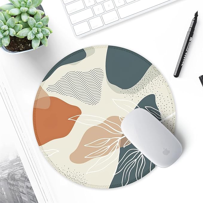 ITNRSIIET Round Mouse Pad with Stitched Edge Premium-Textured Waterproof Non-Slip Rubber Base Desktop Protection Mat Diameter 8.7 inches, Abstract Leaf