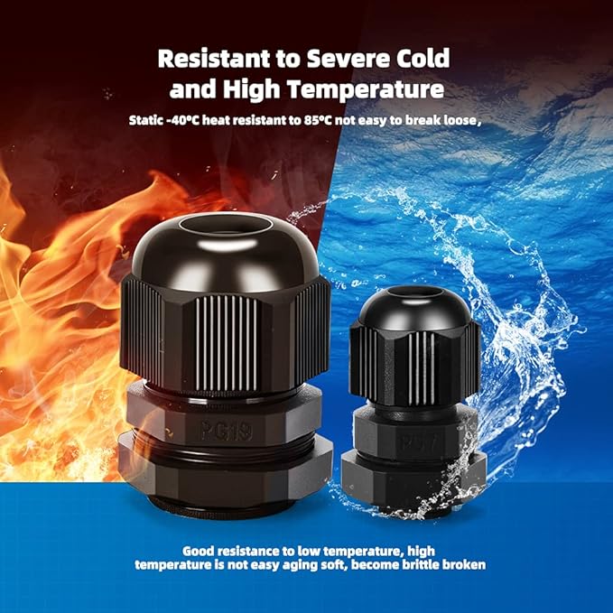 Nylon Cable Gland Kit, CGELE 50 Pack Plastic Waterproof Adjustable Connector 3-16mm Strain Relief Cord Connectors Joints Nylon with Gaskets PG7 PG9 PG11 PG13.5 PG16 PG19