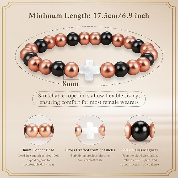 Copper Bracelets for Women, Cross Charm Magnetic Bracelets for Women Copper Jewelry Pulsera de Cobre Para lujer Christian Jewelry with 3500 Gauss Magnetic Bead Valentines Day Gifts for Her