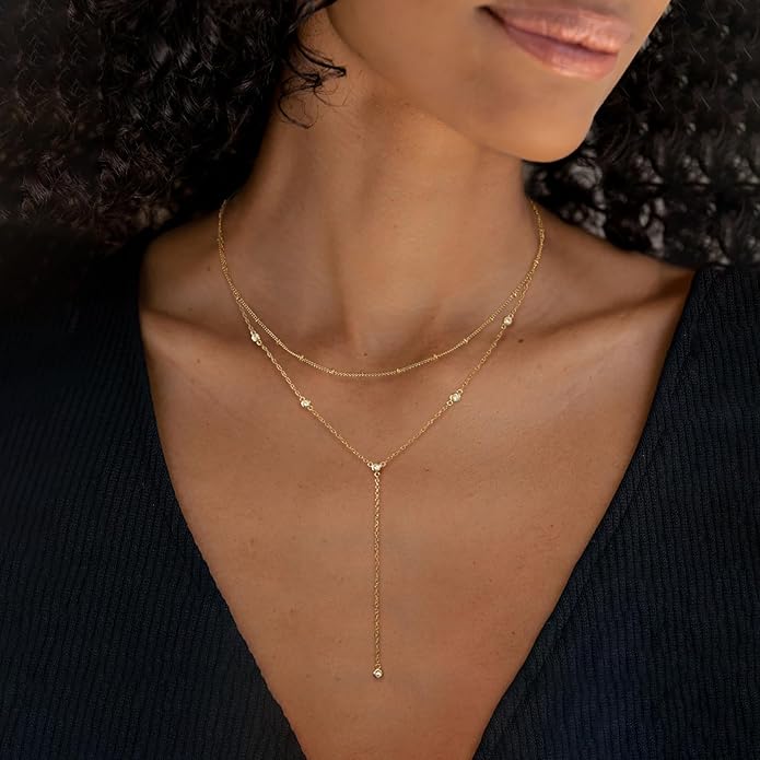 Gold Necklace for Women, Dainty Gold Long Necklaces 14k Gold Plated Prom Lariat Necklace Cute Choker Necklaces for Women Trendy Stuff Fashion Costume Gold Accessories Christmas Jewelry Gifts